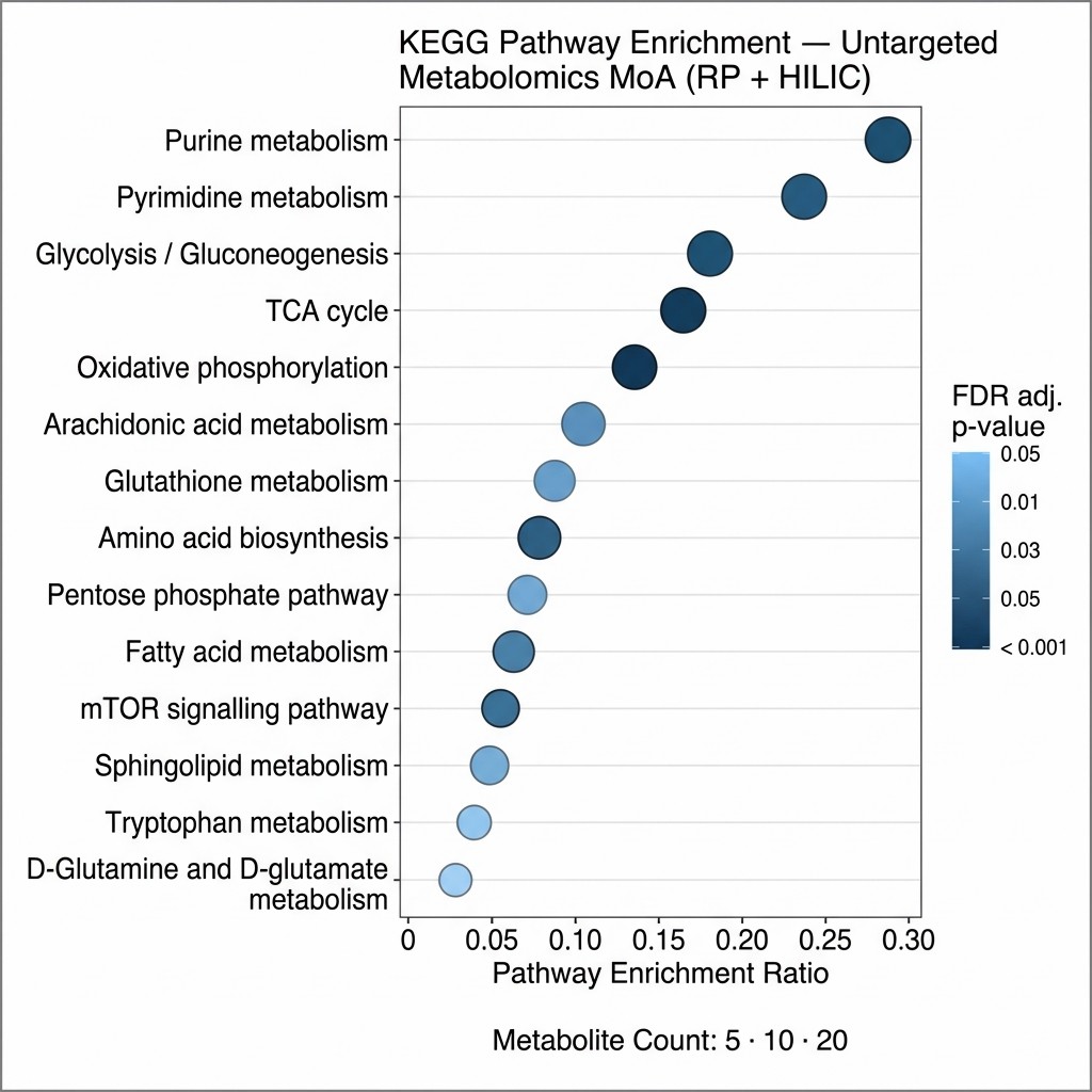 KEGG metabolic pathway enrichment bubble chart from untargeted metabolomics MoA study: y-axis lists enriched KEGG pathways, x-axis shows enrichment ratio, bubble size represents metabolite count, colour gradient represents FDR adjusted p-value.
