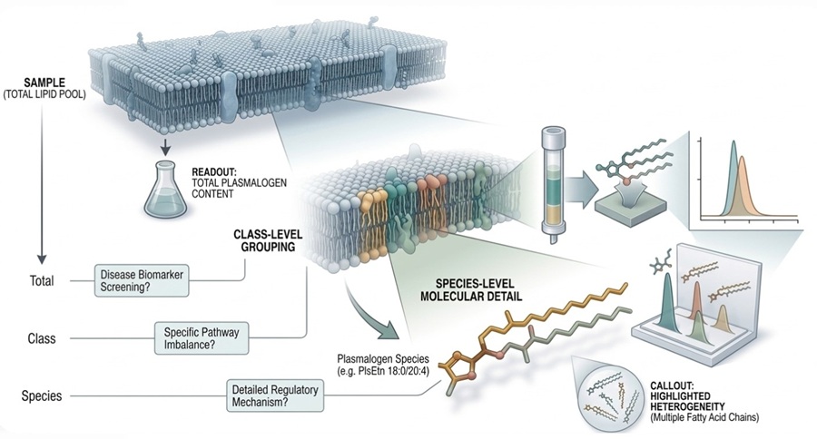 Decision tree showing when to use total, class, or species-level plasmalogen readouts in lipidomics research.