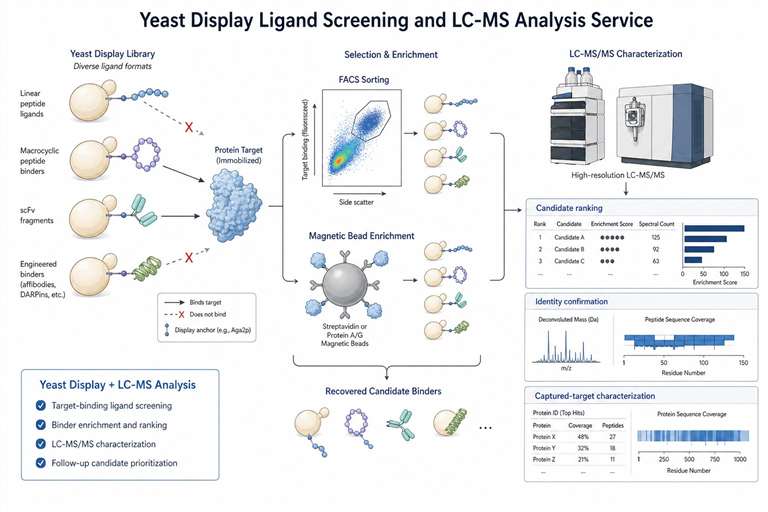 Yeast display ligand screening and LC-MS analysis workflow showing displayed binders, target binding, enrichment, LC-MS/MS, and candidate reports.