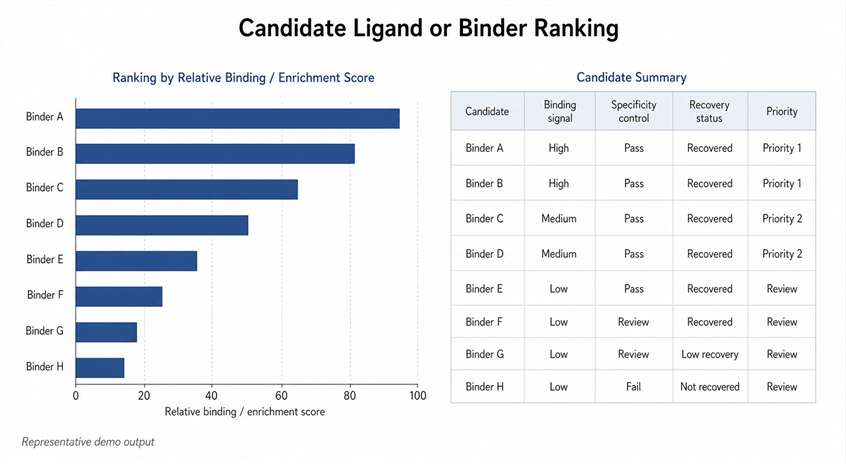 Candidate ligand or binder ranking table for yeast display LC-MS analysis.