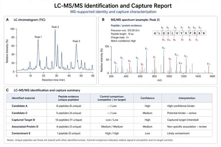LC-MS/MS identification and capture report for yeast display ligand screening.